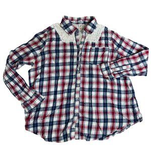 Cupids Diary Plaid Button-Up Shirt Lace Accents Size XL 100% Cotton Red/Blue